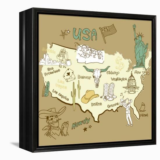 Stylized Map Of America. Things That Different Regions In Usa Are Famous For-Alisa Foytik-Framed Stretched Canvas