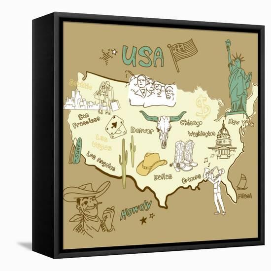 Stylized Map Of America. Things That Different Regions In Usa Are Famous For-Alisa Foytik-Framed Stretched Canvas