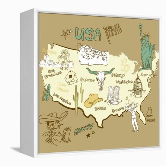 Stylized Map Of America. Things That Different Regions In Usa Are Famous For-Alisa Foytik-Framed Stretched Canvas