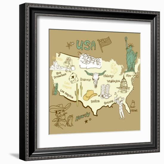 Stylized Map Of America. Things That Different Regions In Usa Are Famous For-Alisa Foytik-Framed Art Print