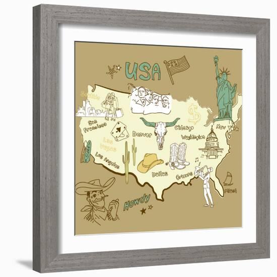 Stylized Map Of America. Things That Different Regions In Usa Are Famous For-Alisa Foytik-Framed Art Print