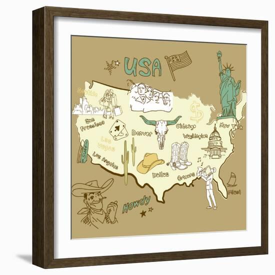 Stylized Map Of America. Things That Different Regions In Usa Are Famous For-Alisa Foytik-Framed Art Print