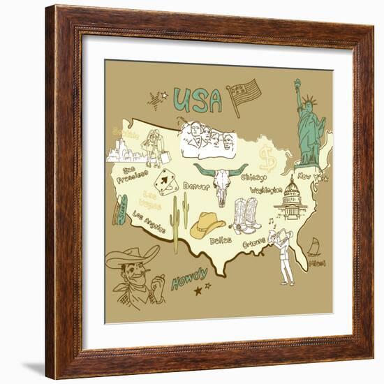 Stylized Map Of America. Things That Different Regions In Usa Are Famous For-Alisa Foytik-Framed Art Print