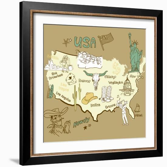 Stylized Map Of America. Things That Different Regions In Usa Are Famous For-Alisa Foytik-Framed Art Print