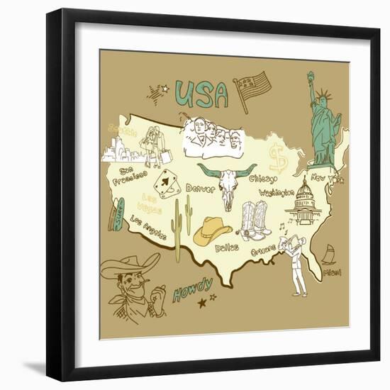 Stylized Map Of America. Things That Different Regions In Usa Are Famous For-Alisa Foytik-Framed Art Print