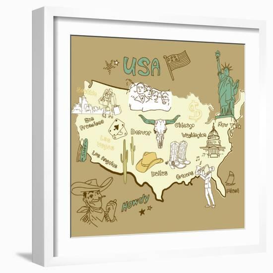 Stylized Map Of America. Things That Different Regions In Usa Are Famous For-Alisa Foytik-Framed Art Print