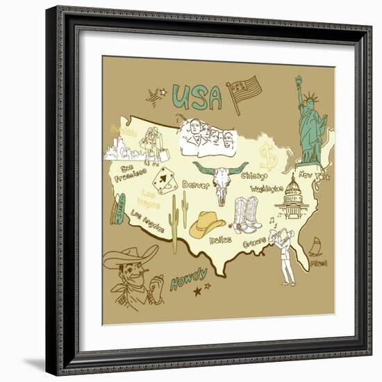 Stylized Map Of America. Things That Different Regions In Usa Are Famous For-Alisa Foytik-Framed Art Print