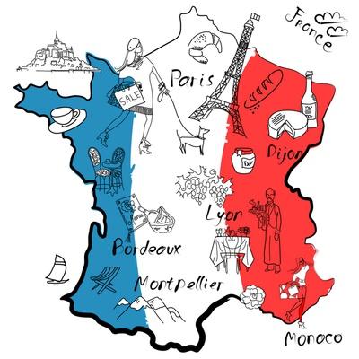 'Stylized Map of France. Things that Different Regions in France are Famous For.' Art Print 