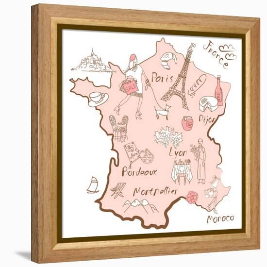 Stylized Map of France. Things that Different Regions in France are Famous For.-Alisa Foytik-Framed Stretched Canvas