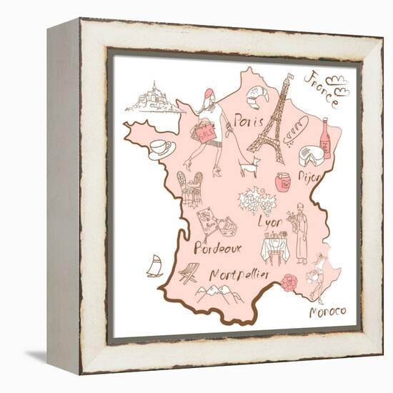 Stylized Map of France. Things that Different Regions in France are Famous For.-Alisa Foytik-Framed Stretched Canvas