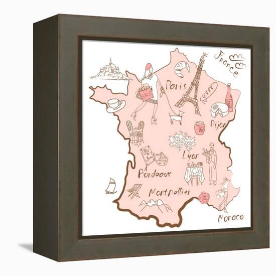 Stylized Map of France. Things that Different Regions in France are Famous For.-Alisa Foytik-Framed Stretched Canvas