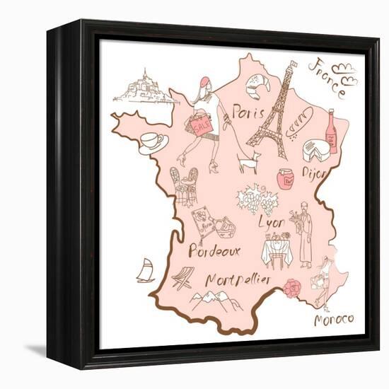 Stylized Map of France. Things that Different Regions in France are Famous For.-Alisa Foytik-Framed Stretched Canvas