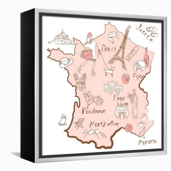 Stylized Map of France. Things that Different Regions in France are Famous For.-Alisa Foytik-Framed Stretched Canvas