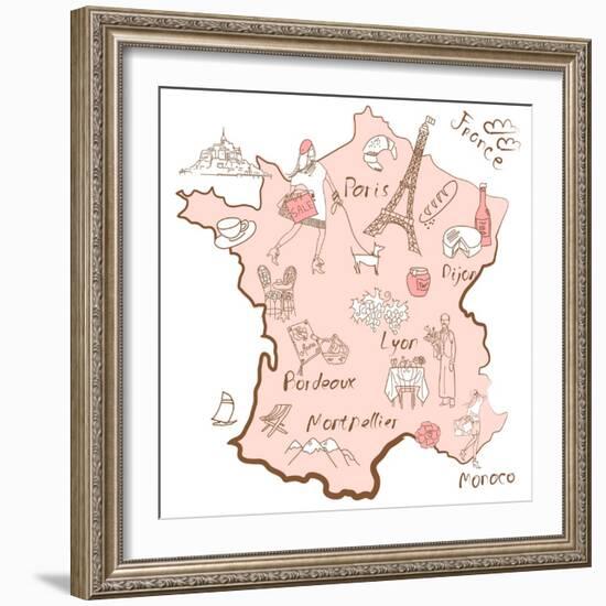 Stylized Map of France. Things that Different Regions in France are Famous For.-Alisa Foytik-Framed Art Print