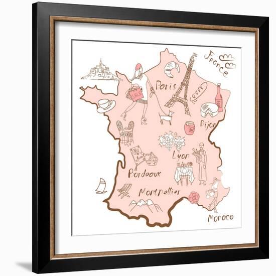 Stylized Map of France. Things that Different Regions in France are Famous For.-Alisa Foytik-Framed Art Print