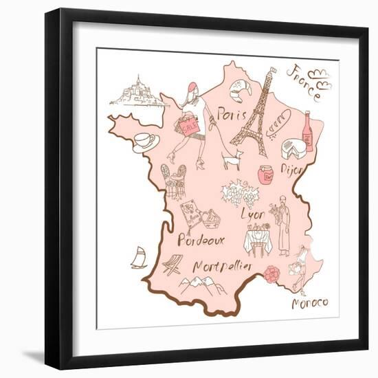 Stylized Map of France. Things that Different Regions in France are Famous For.-Alisa Foytik-Framed Art Print