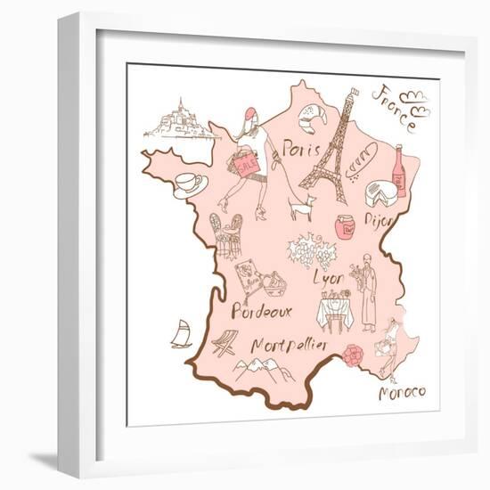 Stylized Map of France. Things that Different Regions in France are Famous For.-Alisa Foytik-Framed Art Print