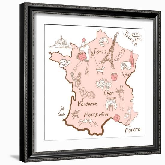 Stylized Map of France. Things that Different Regions in France are Famous For.-Alisa Foytik-Framed Art Print