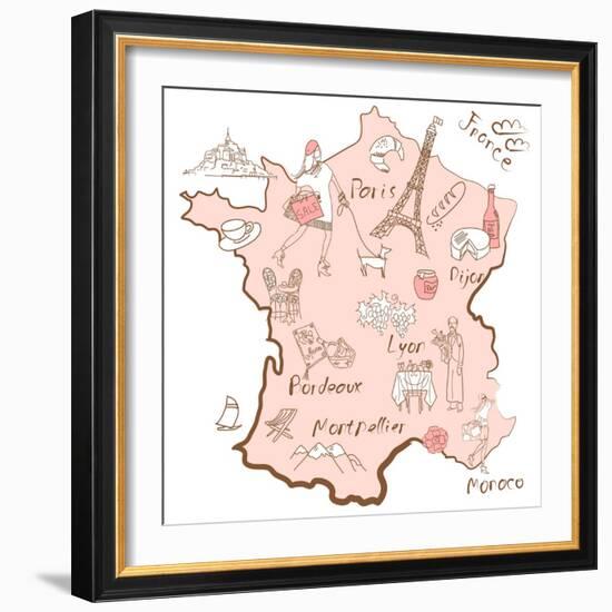 Stylized Map of France. Things that Different Regions in France are Famous For.-Alisa Foytik-Framed Art Print