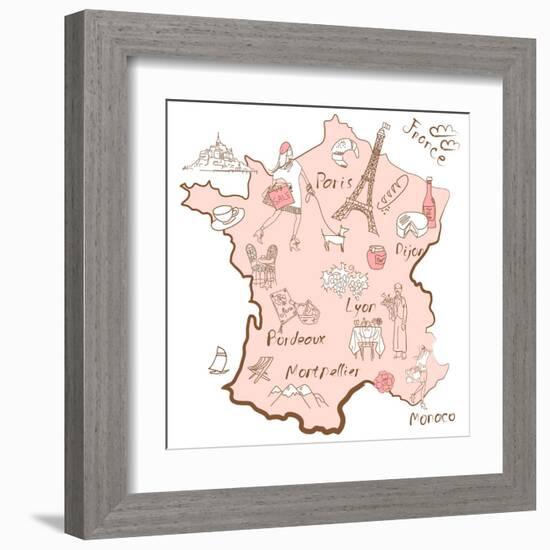 Stylized Map of France. Things that Different Regions in France are Famous For.-Alisa Foytik-Framed Art Print