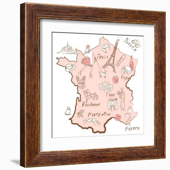 Stylized Map of France. Things that Different Regions in France are Famous For.-Alisa Foytik-Framed Art Print