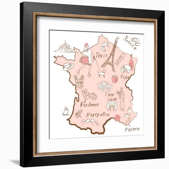 Stylized Map of France. Things that Different Regions in France are Famous For.-Alisa Foytik-Framed Art Print