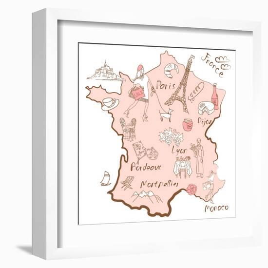 Stylized Map of France. Things that Different Regions in France are Famous For.-Alisa Foytik-Framed Art Print