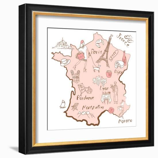 Stylized Map of France. Things that Different Regions in France are Famous For.-Alisa Foytik-Framed Art Print