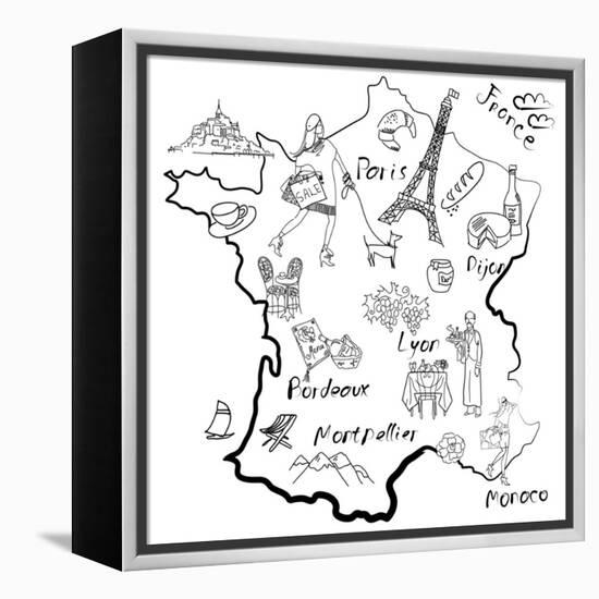 Stylized Map of France. Things that Different Regions in France are Famous For.-Alisa Foytik-Framed Stretched Canvas