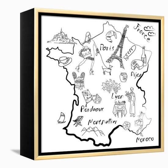 Stylized Map of France. Things that Different Regions in France are Famous For.-Alisa Foytik-Framed Stretched Canvas