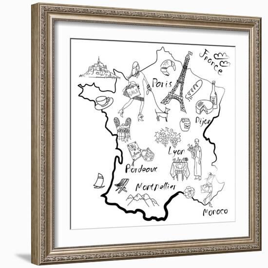 Stylized Map of France. Things that Different Regions in France are Famous For.-Alisa Foytik-Framed Art Print