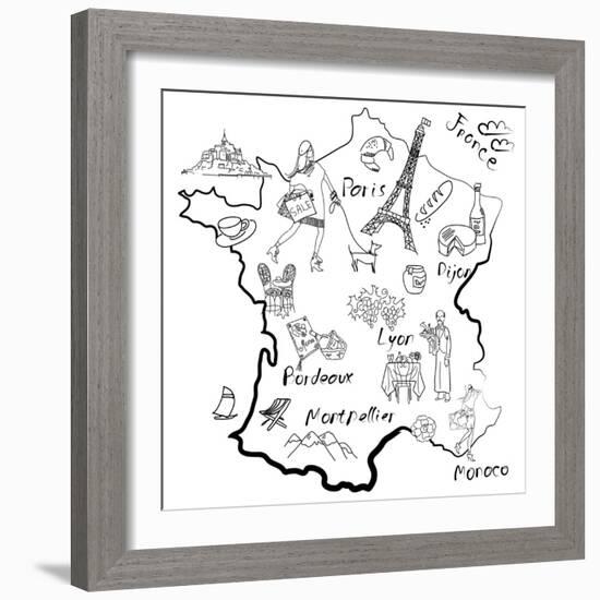 Stylized Map of France. Things that Different Regions in France are Famous For.-Alisa Foytik-Framed Art Print