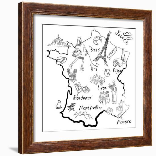 Stylized Map of France. Things that Different Regions in France are Famous For.-Alisa Foytik-Framed Art Print