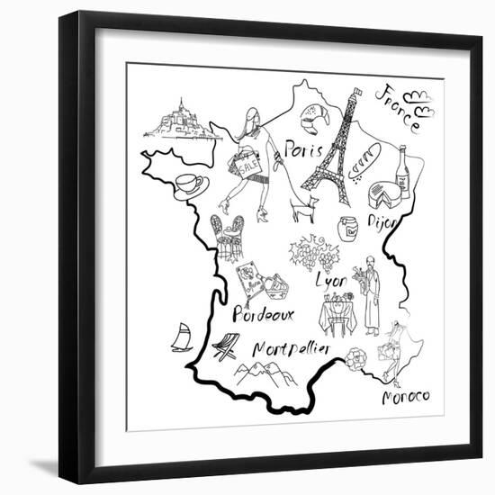 Stylized Map of France. Things that Different Regions in France are Famous For.-Alisa Foytik-Framed Art Print