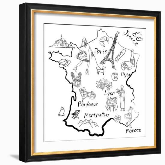 Stylized Map of France. Things that Different Regions in France are Famous For.-Alisa Foytik-Framed Art Print
