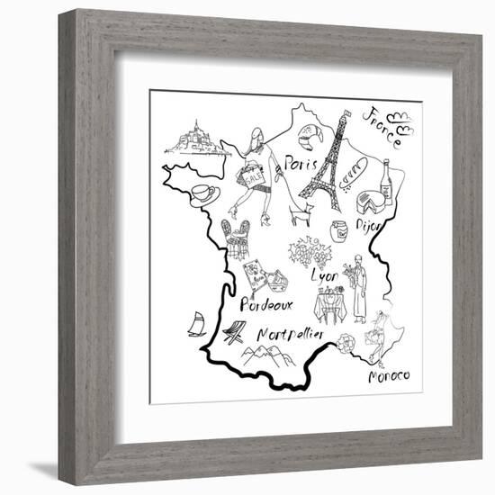 Stylized Map of France. Things that Different Regions in France are Famous For.-Alisa Foytik-Framed Art Print