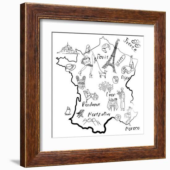 Stylized Map of France. Things that Different Regions in France are Famous For.-Alisa Foytik-Framed Art Print