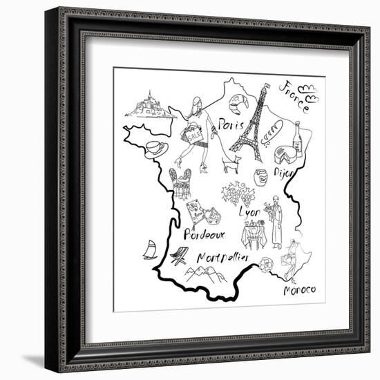 Stylized Map of France. Things that Different Regions in France are Famous For.-Alisa Foytik-Framed Art Print