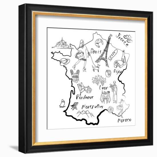 Stylized Map of France. Things that Different Regions in France are Famous For.-Alisa Foytik-Framed Art Print