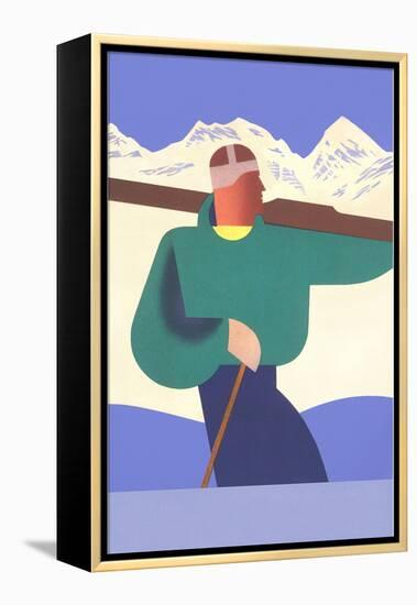 Stylized Skier in Mountains-null-Framed Stretched Canvas