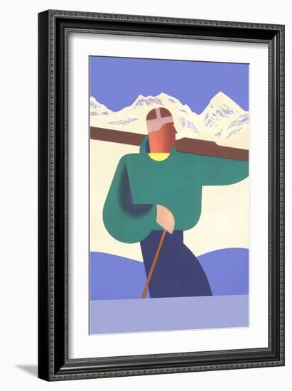 Stylized Skier in Mountains--Framed Art Print