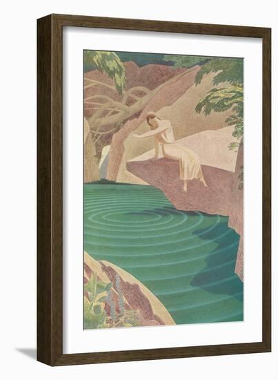 Stylized Woman by Pond-null-Framed Art Print