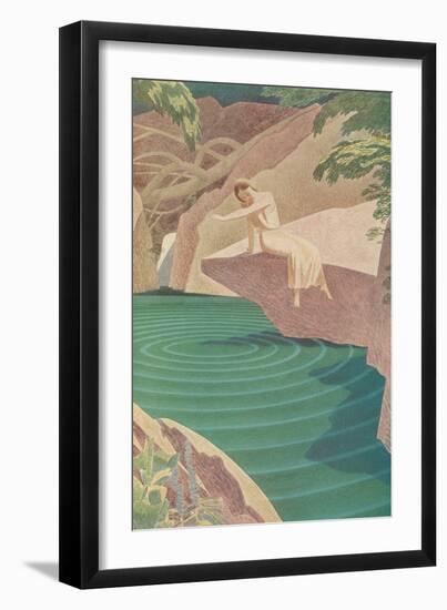 Stylized Woman by Pond-null-Framed Art Print