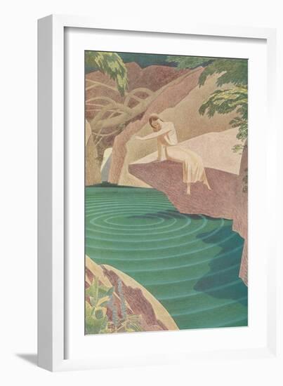 Stylized Woman by Pond-null-Framed Art Print