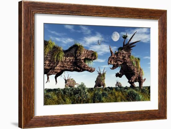 Styracosaurus and Tyrannosaurus Rex Dinosaur Sculptures-null-Framed Premium Giclee Print