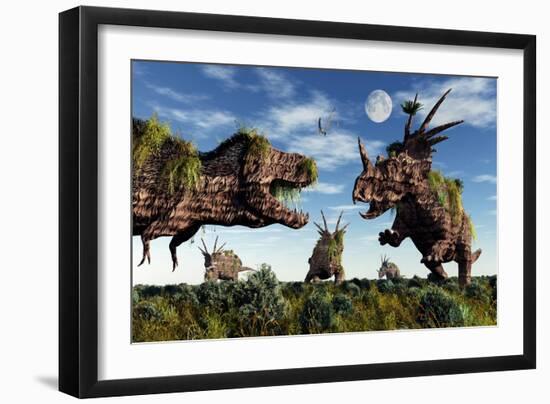 Styracosaurus and Tyrannosaurus Rex Dinosaur Sculptures-null-Framed Art Print