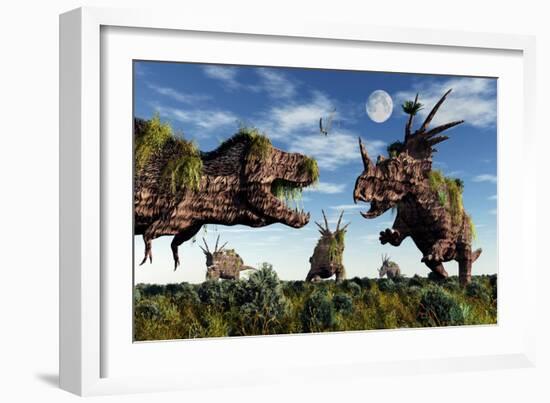 Styracosaurus and Tyrannosaurus Rex Dinosaur Sculptures-null-Framed Art Print