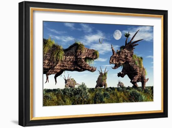 Styracosaurus and Tyrannosaurus Rex Dinosaur Sculptures-null-Framed Art Print