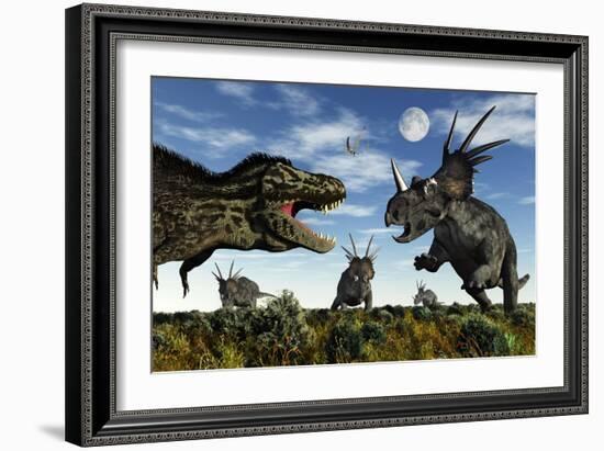 Styracosaurus Dinosaurs Confront a Tyrannosaurus Rex-null-Framed Premium Giclee Print