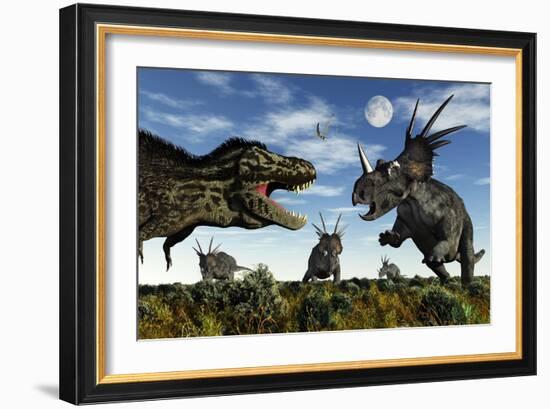 Styracosaurus Dinosaurs Confront a Tyrannosaurus Rex-null-Framed Premium Giclee Print